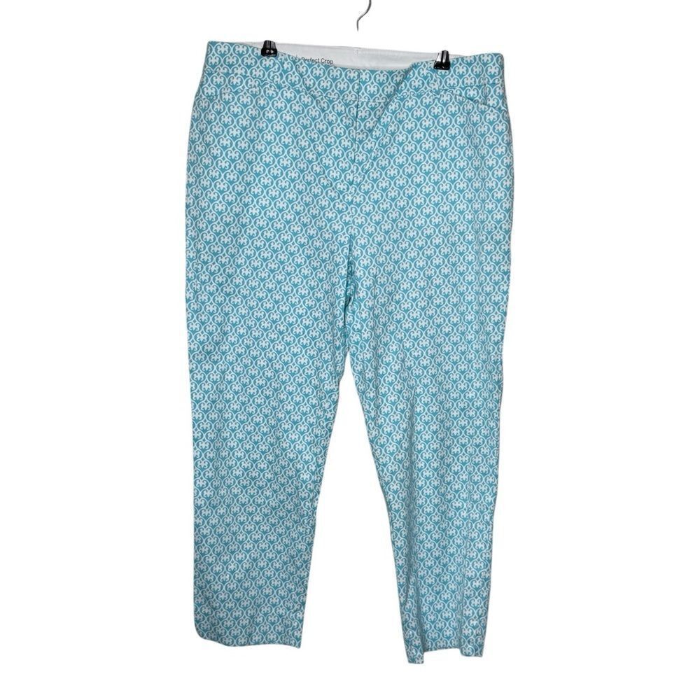 Talbots Aqua Blue White Geo Print Perfect Crop Pants Size 10